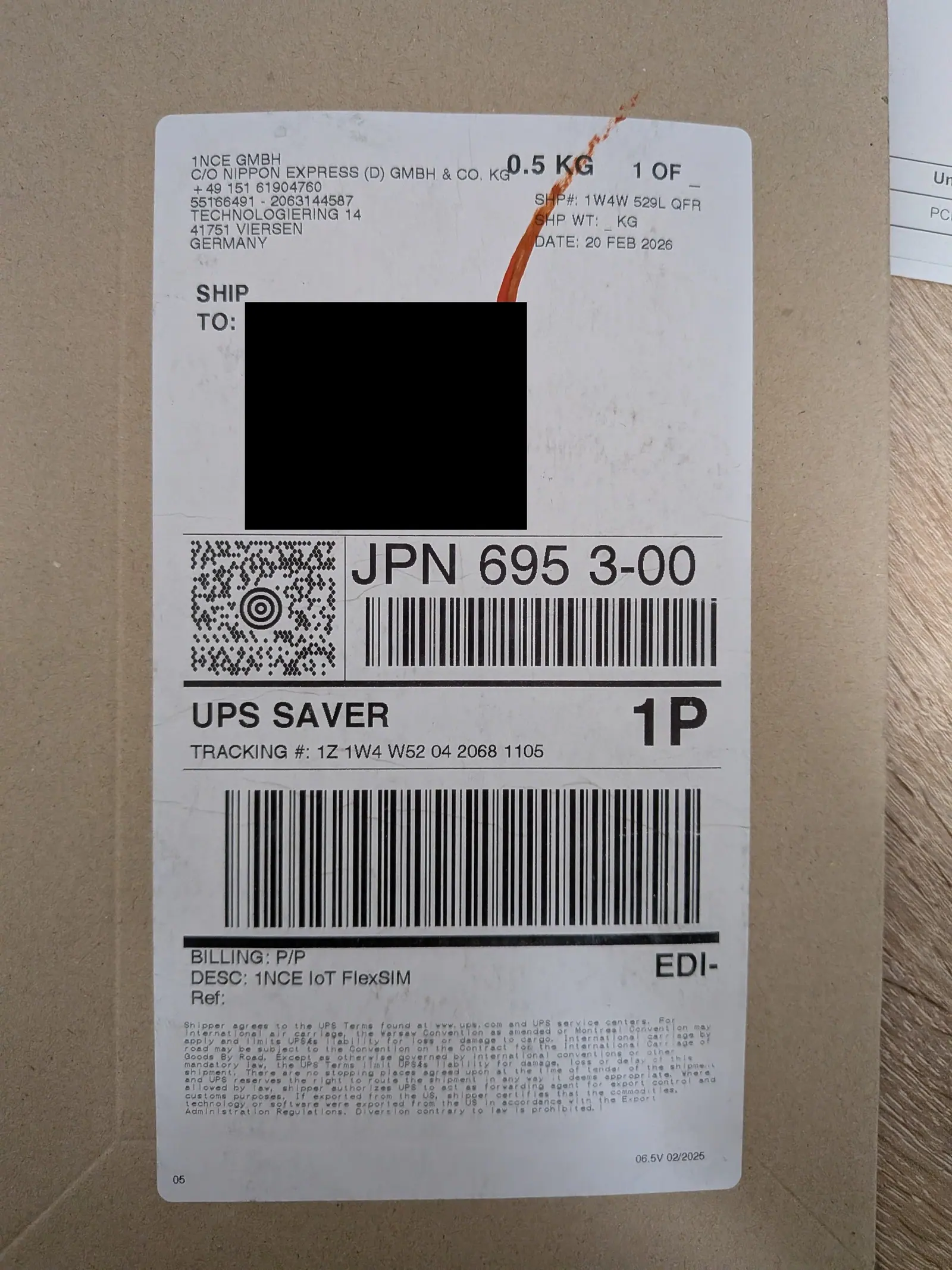 ドイツから届いたUPSの配送伝票